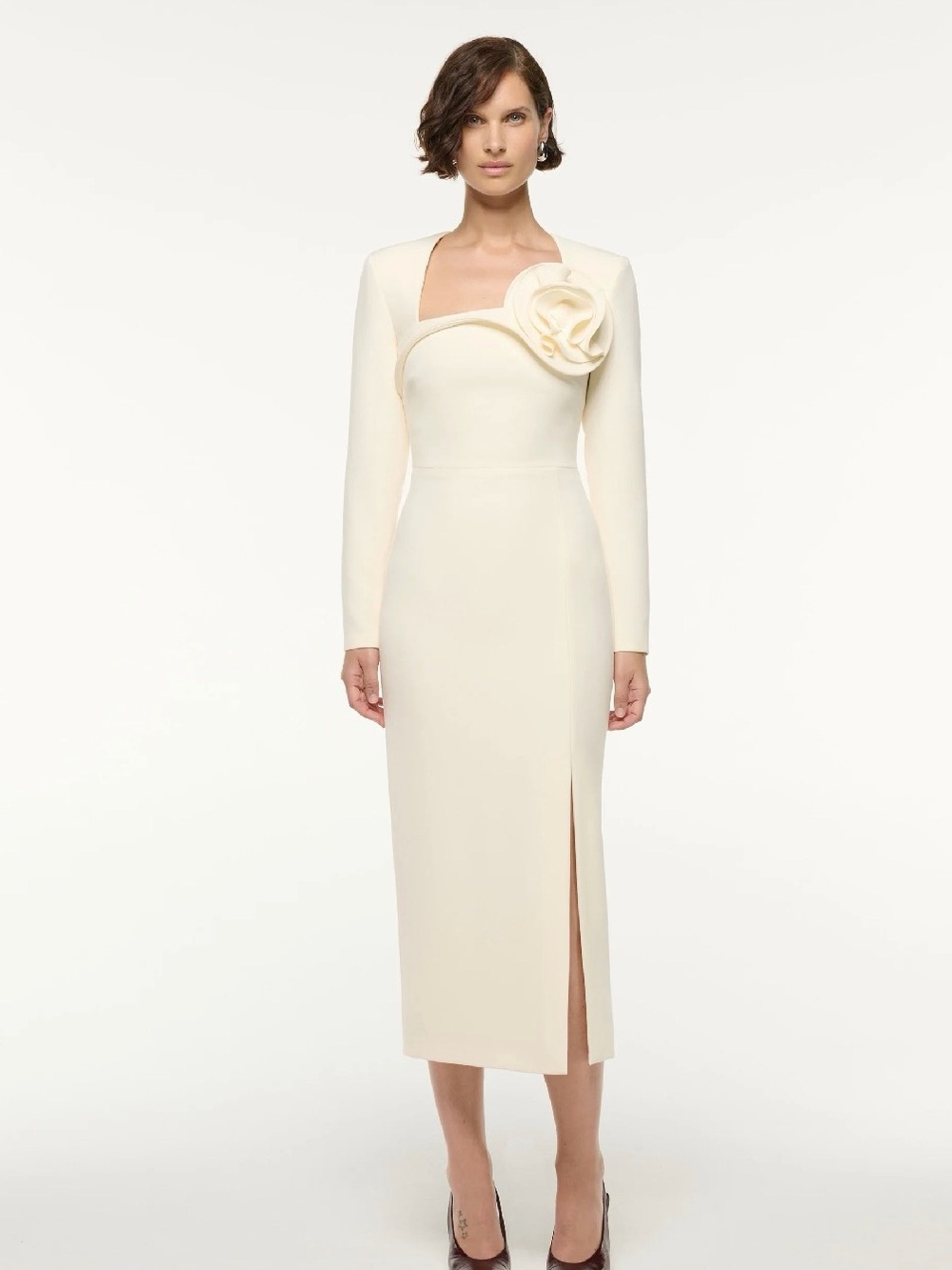 NWOT Roland Mouret Cream Long-Sleeve Midi Dress with Floral Rosette, Size US 6